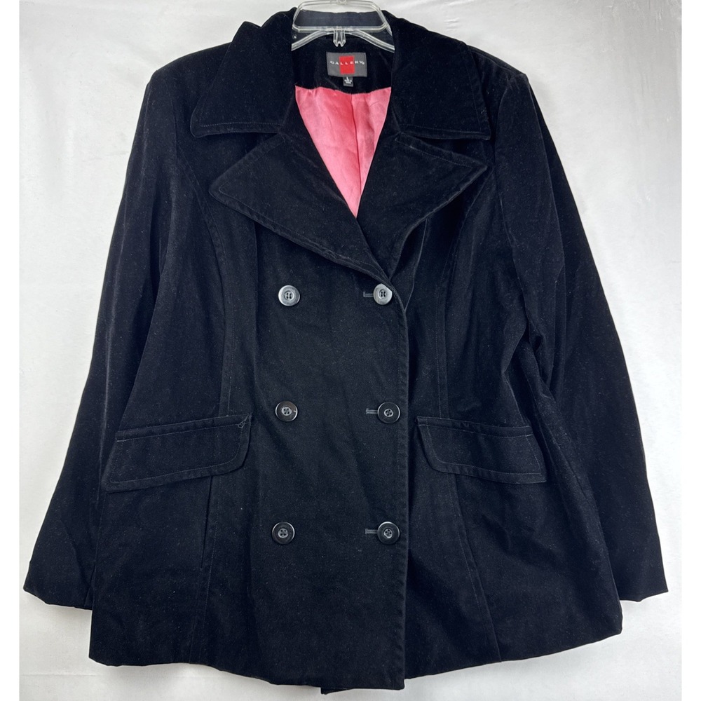 Gallerys Womens‎ Black Velvet Double Breasted Peacoat Jacket Pink Lining Large